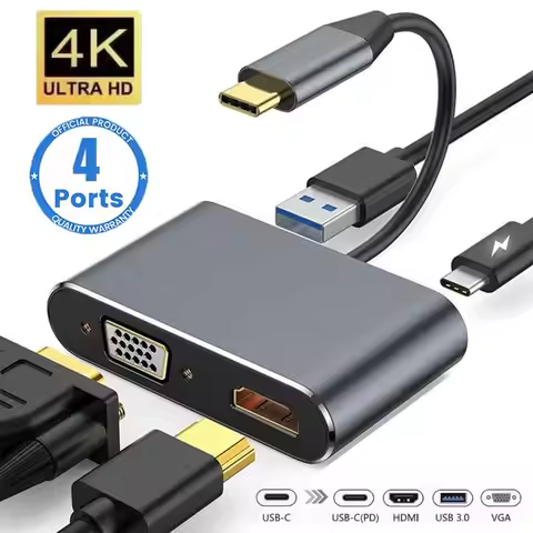 USB C Hub 4 in 1 Type C 3.0 Adapter to 4K HDMI HDTV VGA USB 3.0 PD Fast Charge Splitter for MacBook 