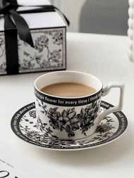 1入組古董風格白色陶瓷咖啡杯和茶碟禮品套裝，帶有花卉圖案，高級法式風格咖啡杯套裝，適用於生日和結婚派對小禮物