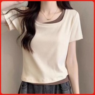Fake Two-Piece Top Short-Sleeved Patchwork Summer t-Shirt Women Irregular 2-Piece Front Shoul