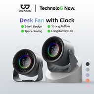 GOOJODOQ Desk Fan With Clock Rechargeable Electric Desktop Strong Wind Low Noise Portable