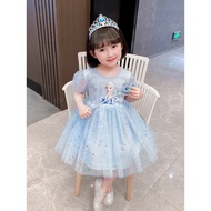 Dress Baby Girl 1 - 7 Tahun Birthday Baju Raya Kurung Gaun Budak Perempuan Summer Short Sleeve Tulle Cute Fashion Cartoon Frozen Elsa Kids Princess Dresses Kanak Kanak Perempuan