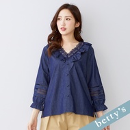 Betty's Betty's (45) V-Neck Ruffled Lace Denim Top (Dark Blue)