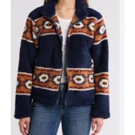[Lv.cky Br@nd] Women's Blue White Print Faux Fur Zip Jacket With Pockets