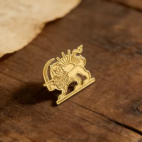Iran Lion Sun Pin Brooch Men Women Stainless Steel Gold Color Badge Suit Accessory Gift