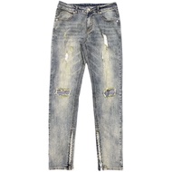 กางเกงยีนส์ทรงตรงเอวต่ำ Drip สำหรับผู้ชาย กางเกงยีนส์ทรงสลิมฟิตสไตล์ฮิปฮอปที่ซักแล้ว สไตล์สตรีท ลำลอ