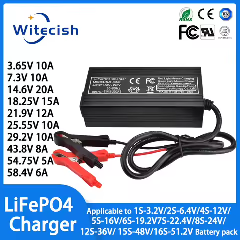 LiFepo4 Charger 3.65V 10A 7.3V 10A 14.6V 20A 18.25V 15A 21.9V 12A 25.55V 10A 29.2V 10A 43.8V 54.75V 