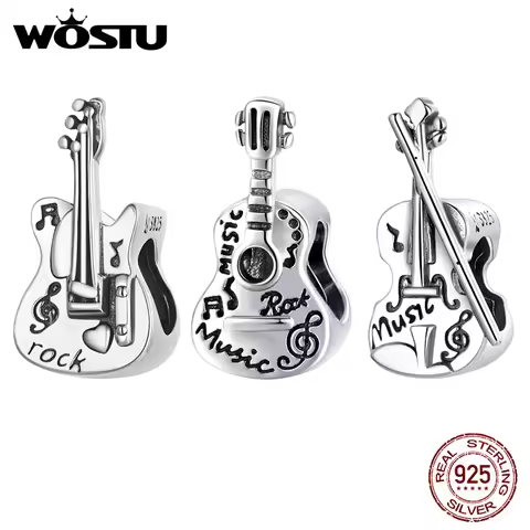 WOSTU 925 Sterling Silver Vintage Bass Violin Music Guitar Charms Beads Pendant Fit Original Bracele