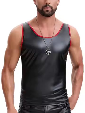 S-7XL Matt Elastic PU Leather Tank Top Men Gym Fitness Tanktop Tight Sleeveless Muscle Shirt Bodybui