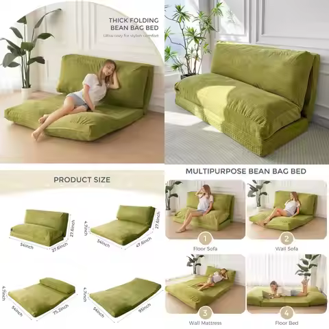 Extra Thick & Long Convertible Sleeper Chair, Washable Cover, Lounge Bean Bag Bed, Green, 54x95 Inch