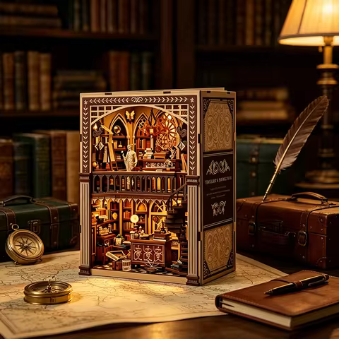 3D Book Nook DIY Wooden Traveler's Bookstore Miniature Model Hand-Assembled Desktop Decor Gift for C