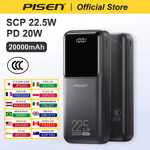 PISEN 20000mAh PD 20W Quick Power Bank SCP 22.5W Portable CCC Powerbank Fast Charging External Batte