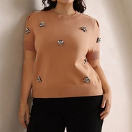 Plus Size Fashionable & Elegant Bejeweled Bee Decorated Women Sweater Tee Top, Spring/Summer