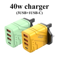 40w charging adapter 4 usb port phone charger adapter qc 3.0 uk plug 3usb+1usb-c adaptor universal c
