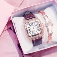 Ready StockJam Tangan Wanita Women Square Diamond Watch Leather Strap Wristwatch