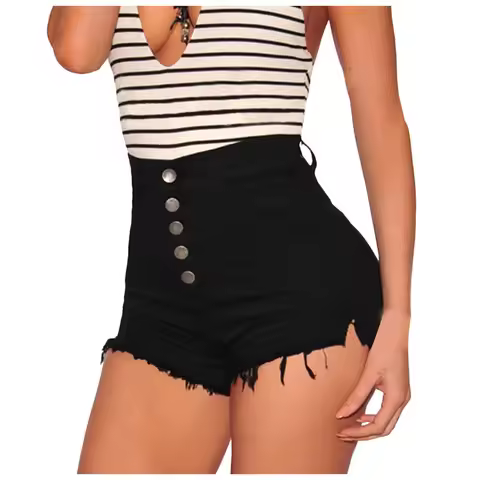 2026 Summer New Women's Denim Shorts High Waist Buttons Raw Edge Hot Pants Ladies Washed Retro Short