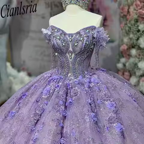 Lilac Beading Tassel Quinceanera Dress Ball Gown 3D Flowers Appliques Lace Corset Sweet 16 Vestidos 
