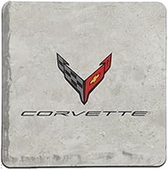 C8 Corvette 4"x4" Flags with Corvette Script Stone Tile Coaster (Individual) - Drink Pad for Coffee 