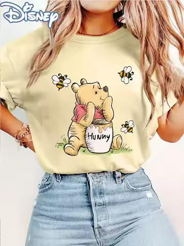 Disney Print Fashion Short-Sleeve Womens Winnie The Pooh Honey Pot Print Crew Neck T-Shirt Casual Fa