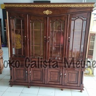 Lemari kaca 4 pintu kayu jati