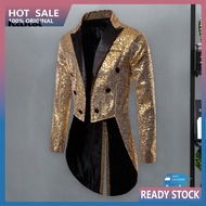 HAN_ Patch Pocket Nightclub Coat Shiny Sequin Jacket Sparkling Men's Sequin Glitter Blazer Jacket for Nightclub Prom Stand Collar Split Hem Stage Tuxedo Suit Coat for Singers