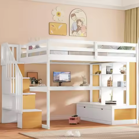 Full Loft Bed with Stairs & Desk,Wood Loft Bed Full with Storage Shelves & 2 Drawers,Full Loft Bed F