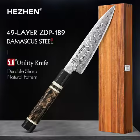 HEZHEN 5.6 Inch Utility Knife 49 Layers ZDP-189 Damascus steel Powder Core 65-67 HRC Steel Kitchen C