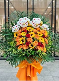 招財貓氣球 鮮花花籃 向日葵 玫瑰 開張花籃 開張花牌