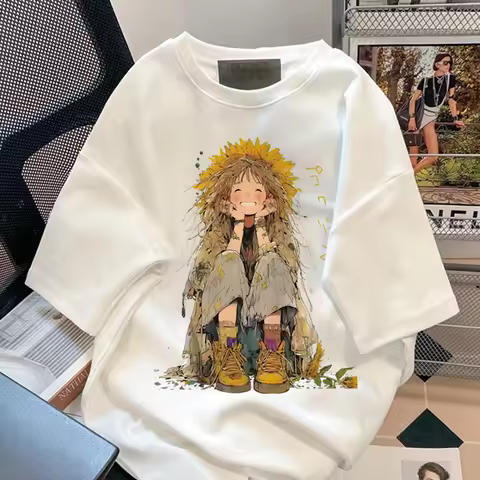 100% Pure Cotton Tee Cartoon Illustration Character Print Short Sleeve T-shirt for Men and Women 202