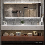 【XH CKR】Hotel Wood Color Double Basin Bathroom Cabinet Mirror Cabinet Combination Simple Marble Double Basin Wash Basin