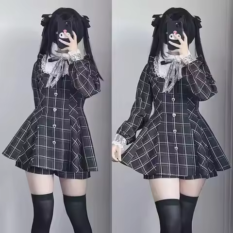 Jirai Kei Black Long Sleeve Lace Bow Ryousan Dress Y2K Aesthetic Women Sweet Kawaii Dark Gothic Loli