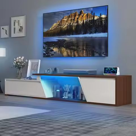Extendable TV Stand with Led Lights, Wood TV Media Console with 2 Drawers amp 1 Cabinet, Modern Ente