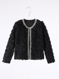 Womens Fashion Short Pleated Jacket New Flower Round Neck Cardigan Top