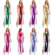 Jhaoyu Womens 70s 80s Disco Prom Jumpsuit Outfit Lapel V Neck Sleeveless Metallic Shiny Contrast Col