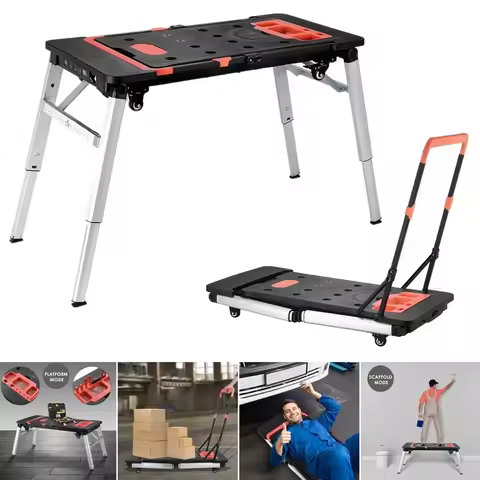 7-in-1 Portable Workbench Folding Sawhorse Work Table w/ 4 Wheels Multifunctional Folding Work Table