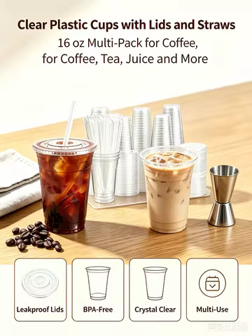 300 Pcs Plastic Cups with Lids and Straws, 16 oz Clear Disposable Coffee Cup Set, 100 Cups 100 Lids 