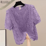 ZANZEA เสื้อเบลาส์แขนแร็กแลนเสื้อยืดคอกลมเดรสลูกไม้แพทช์เวิร์กเสื้อสวมหัวสีล้วนสำหรับฤดูร้อนของผู้หญ