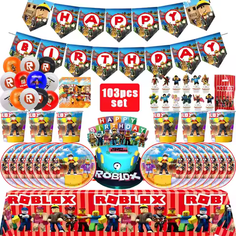 Roblox Birthday Party Decor Set Game Tableware Gift Bag Tablecloth Balloon Cake Topper Backdrop Baby