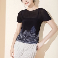 374 One Size (45-75kg) Pleated T-Shirt Short Sleeve WomenS Summer Lightweight Comfort Printing Round