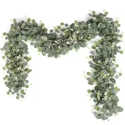 1pc Artificial Eucalyptus Leaves Greenery Garland Faux Plant Spring Vines with White Flowers Berries