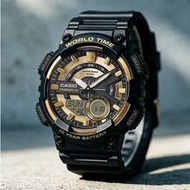Men's Watch AEQ-110BW-9A, Black Resin Band, Gold Dial, World Time, Memory Dual Display, 3 Alarms, Co