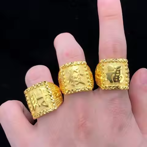 Boutique AU999 Gold Men's Rings Retro Blessing Ring 24K Real Blonde Character Adjustable Ring Golden