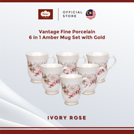 Vantage Fine Porcelain Ivory Rose (F48) 6pcs Amber Mug Set With Gold Lining