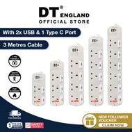 DT England 3 USB Extension Socket W/TYPE-C Charger & LED Surge Indicator 3 & 6 Metre Cable FOC 2 PIN