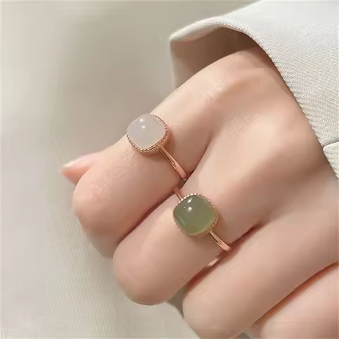 Fashion Vintage Artificial Jade Square Ring Autumn Winter Chinese Style Crystal Geometric Finger Rin