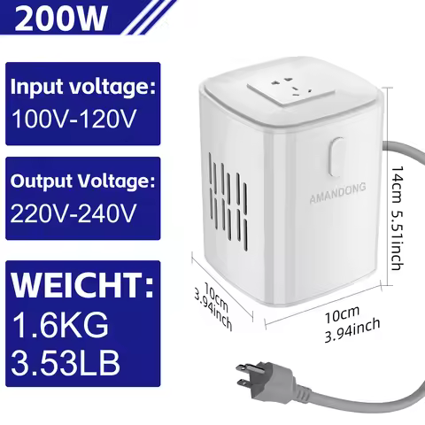 Small portable voltage converter transformer, 200W, 110V to 220V and 220V to 110V step-up/step-down 