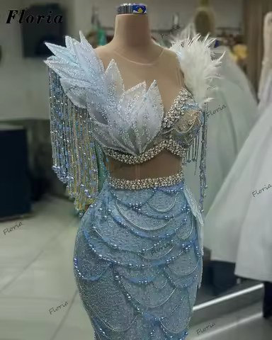 Blue Beading Feathers Celebrity Dresses Modern Dubai Long Party Night Gowns Customized Tassel Evenin