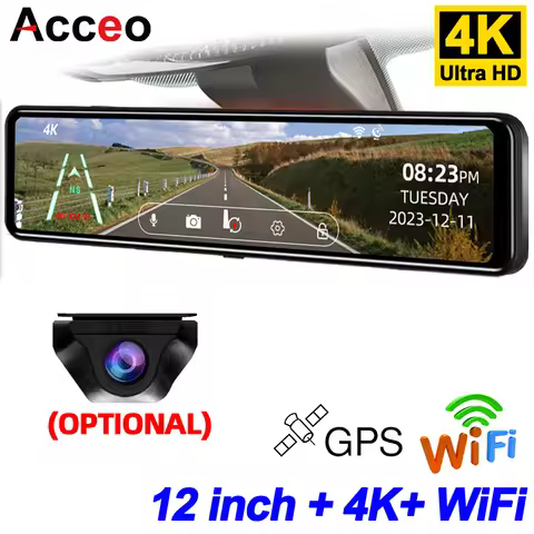 E-ACE 4K Car DVR 12 Inch Touch IPS Sony 415 Park RearView Mirror Support Black Box Rear View Camera