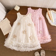 Summer Baptism Dress for Girl Star Flower Gauze Dress Kids Birthday Party Clothes