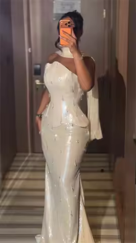 Contessa Custom White Shiny Sequins Strapless Prom Dresses Elegant Rhinestones Vestidos De Noche Hig