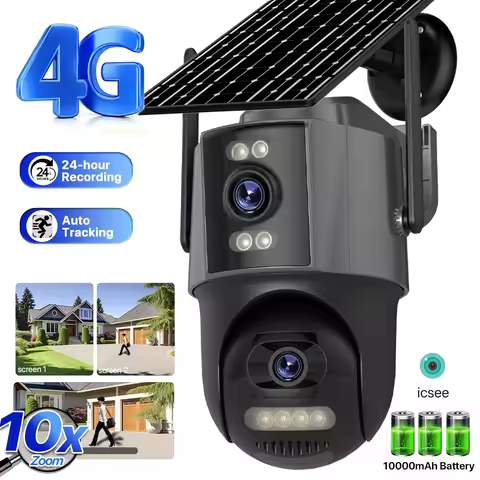 4G Solar Camera 24/7 Video Recording 10x Zoom Outdoor PTZ Camera Three Screen Battery 8MP 4K HD Auto